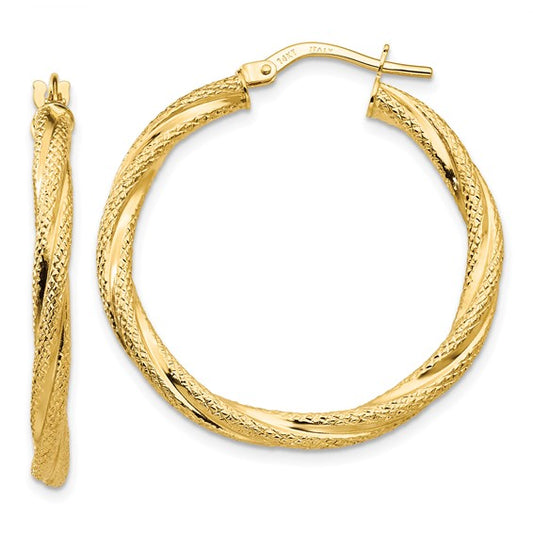 14k yellow gold twisted textured round hoop earrings 32mm x 3mm