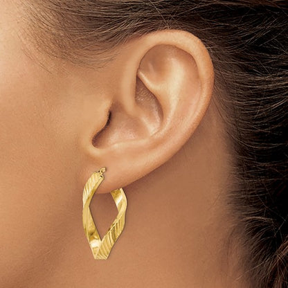 14k yellow gold twisted textured oval hoop earrings 30mm x 17mm x 4mm