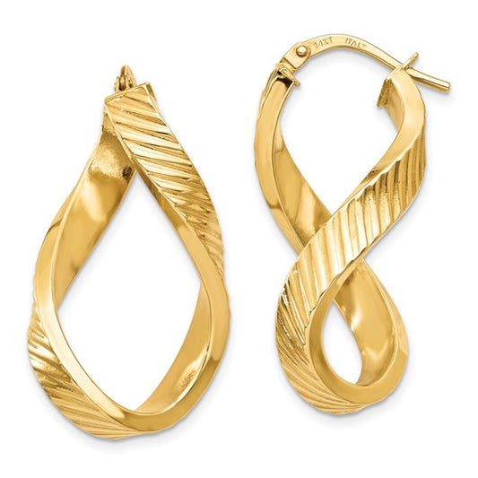 14k yellow gold twisted textured oval hoop earrings 30mm x 17mm x 4mm