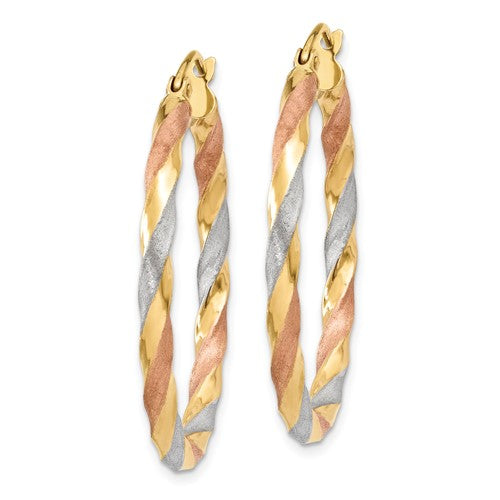 14k gold tri color twisted round hoop earrings