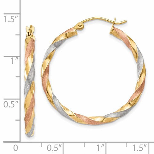 14k gold tri color twisted round hoop earrings