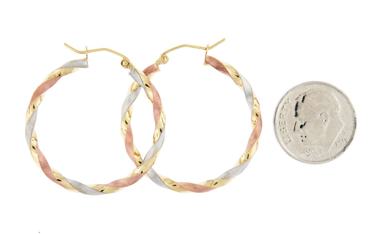 14k gold tri color twisted round hoop earrings