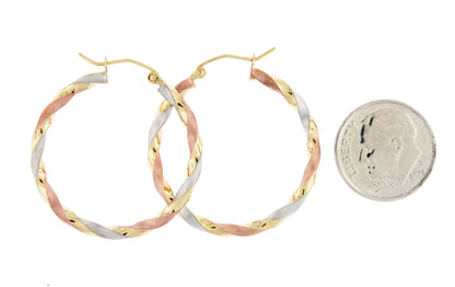 14k gold tri color twisted round hoop earrings