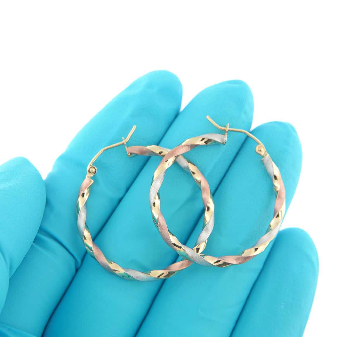 14k gold tri color twisted round hoop earrings