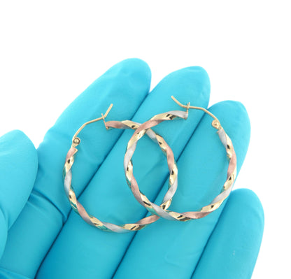 14k gold tri color twisted round hoop earrings