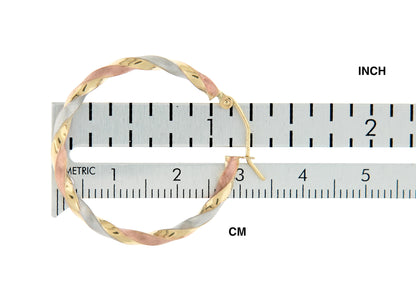 14k gold tri color twisted round hoop earrings