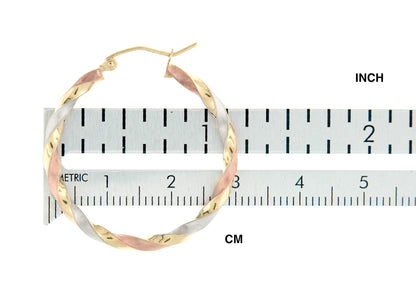 14k gold tri color twisted round hoop earrings
