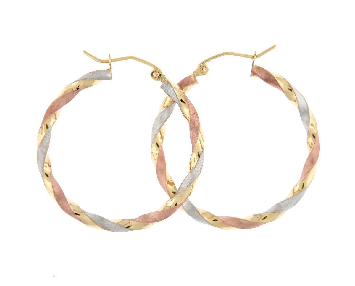 14k gold tri color twisted round hoop earrings