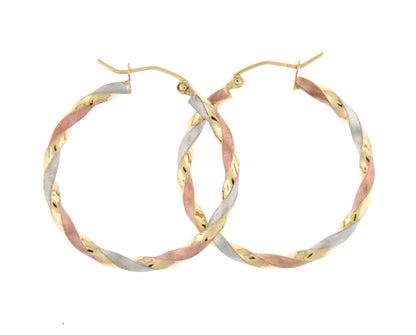 14k gold tri color twisted round hoop earrings