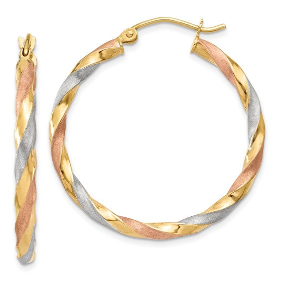 14k gold tri color twisted round hoop earrings