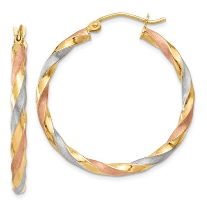 14k gold tri color twisted round hoop earrings