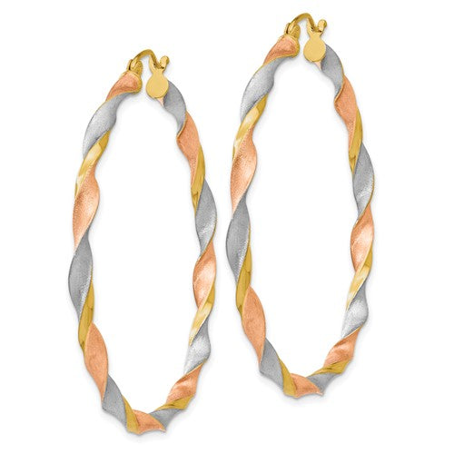14k gold tri color twisted round hoop earrings