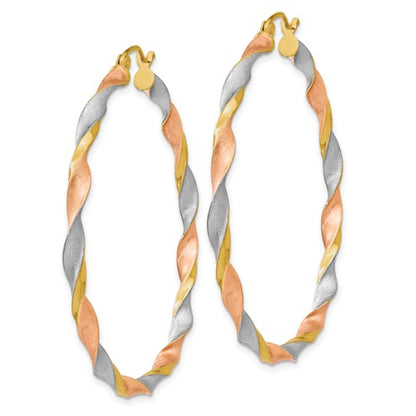 14k gold tri color twisted round hoop earrings