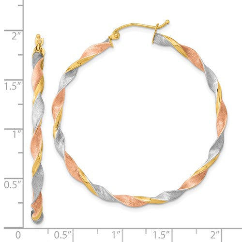 14k gold tri color twisted round hoop earrings