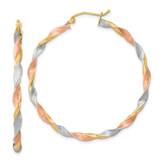 14k gold tri color twisted round hoop earrings