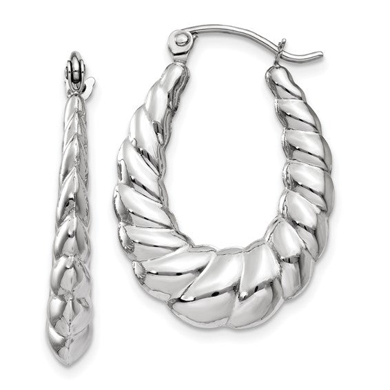14k white gold shrimp scalloped twisted oval hoop earrings