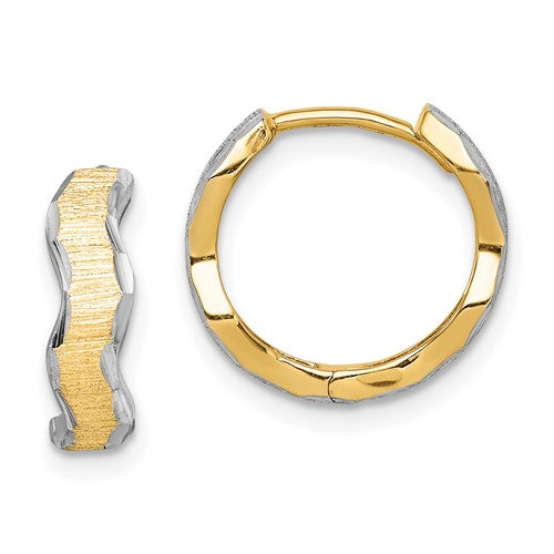 14k Yellow Gold Rhodium Diamond Cut Wave Round Hoop Huggie Hinged Earrings