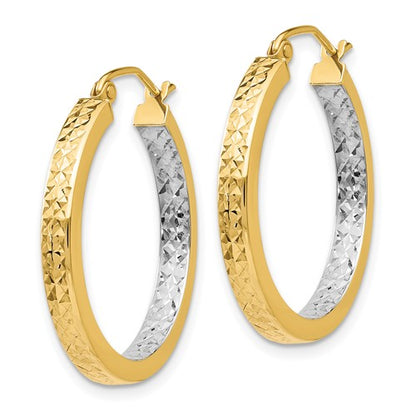 14k yellow gold and rhodium diamond cut square tube round hoop earrings