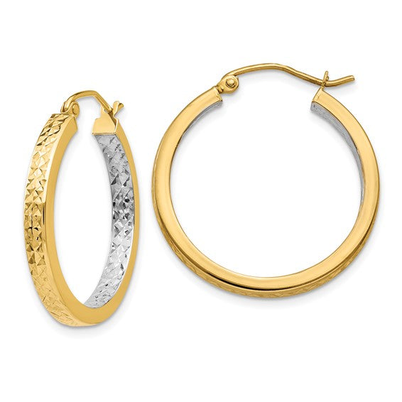 14K Yellow Gold and Rhodium Diamond Cut Square Tube Round Hoop Earrings