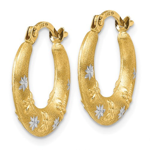 14k yellow gold and rhodium two tone dragonfly stars hoop earrings