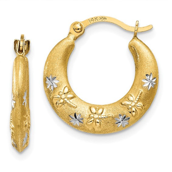 14k yellow gold and rhodium two tone dragonfly stars hoop earrings