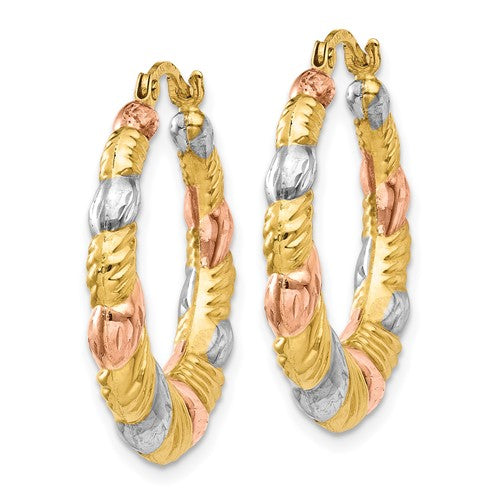 14k Yellow Rose Gold and Rhodium Tri Color Scalloped Twisted Hoop Earrings