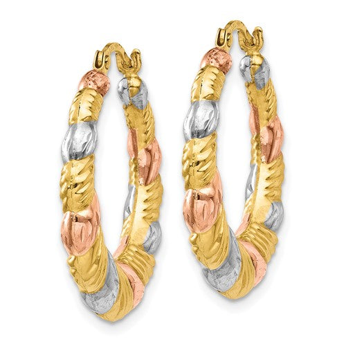 14k yellow rose gold and rhodium tri color scalloped twisted hoop earrings