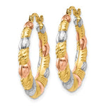 Load image into Gallery viewer, 14k Yellow Rose Gold and Rhodium Tri Color Scalloped Twisted Hoop Earrings
