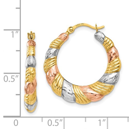 14k yellow rose gold and rhodium tri color scalloped twisted hoop earrings
