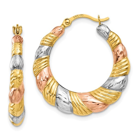 14k yellow rose gold and rhodium tri color scalloped twisted hoop earrings