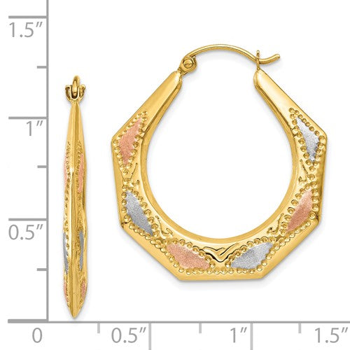 14k Yellow Rose Gold and Rhodium Tri Color Heptagonal Geometric Hoop Earrings