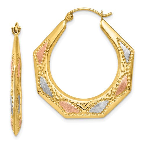14k yellow rose gold and rhodium tri color heptagonal geometric hoop earrings