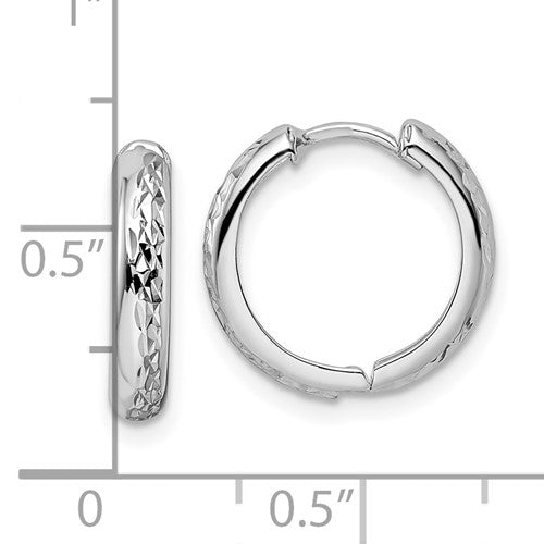 14k white gold classic textured huggie hinged hoop earrings