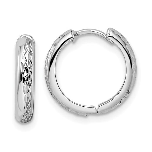 14k white gold classic textured huggie hinged hoop earrings