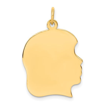 14k yellow gold 18mm girl head silhouette disc pendant charm engraved personalized thickness gauge 0.035