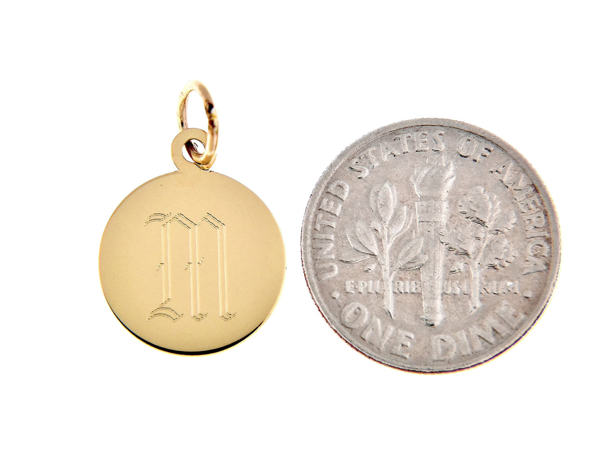 14k solid yellow gold 13mm round disc pendant charm letter initial personalized gift