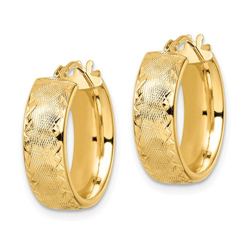 14k yellow gold diamond cut modern contemporary round hoop earrings