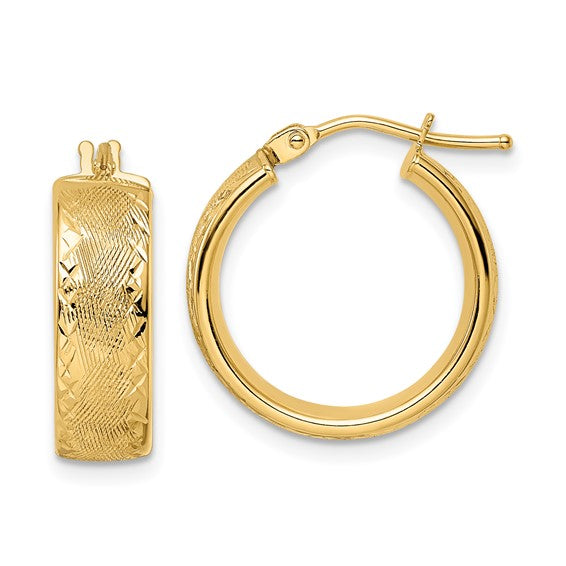 14K Yellow Gold Diamond Cut Modern Contemporary Round Hoop Earrings