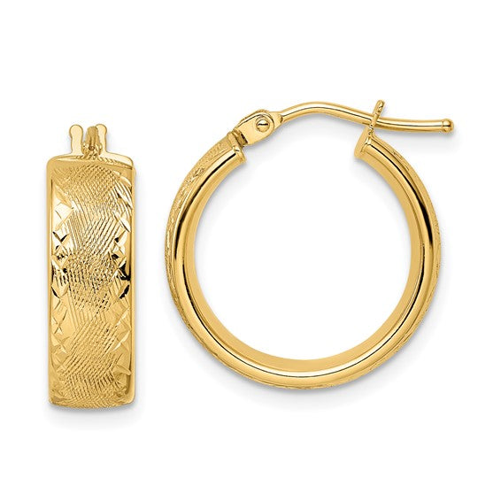 14k yellow gold diamond cut modern contemporary round hoop earrings