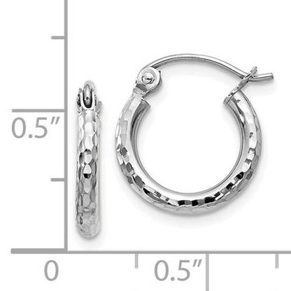 14k white gold diamond cut round hoop earrings 12mm x 2mm
