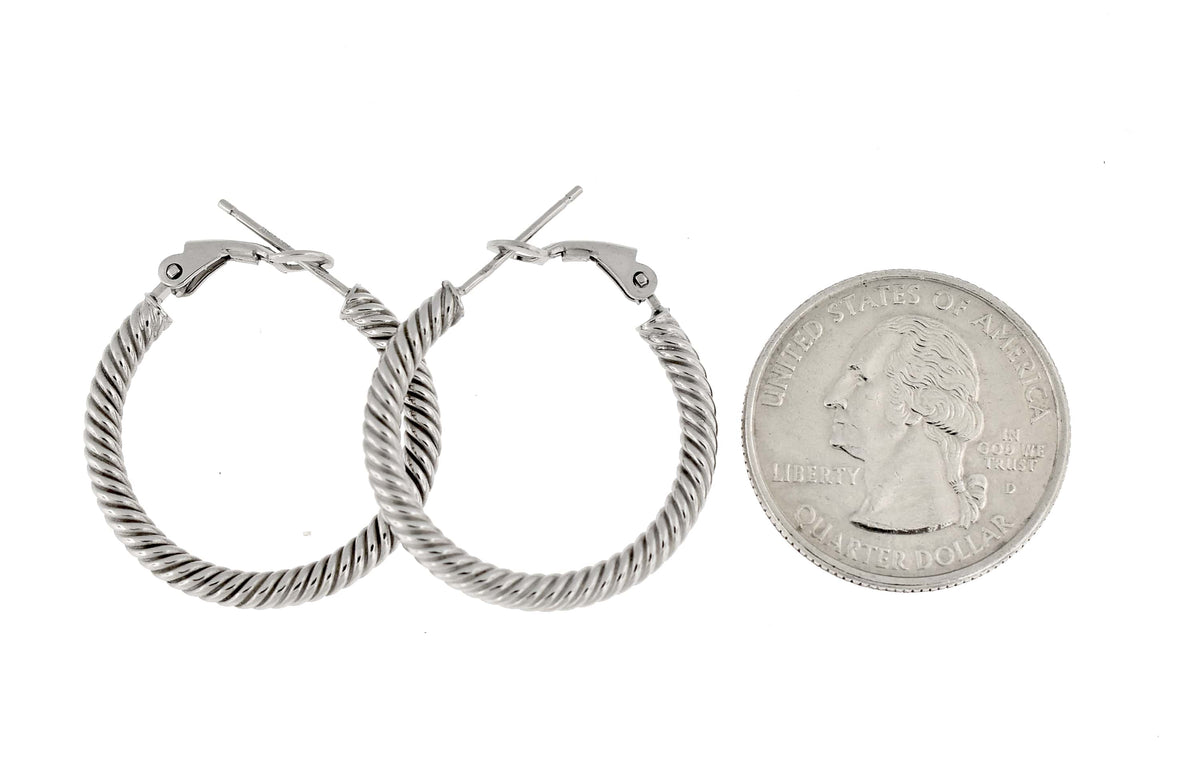 14k white gold twisted round omega back hoop earrings 25mm x 3mm