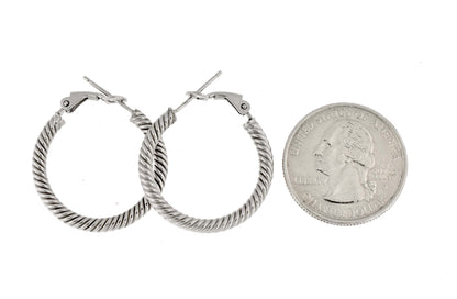 14k white gold twisted round omega back hoop earrings 25mm x 3mm