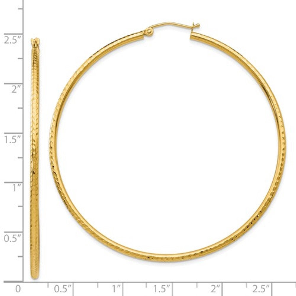14k Yellow Gold Diamond Cut Classic Round Hoop Earrings 60mm x 2mm