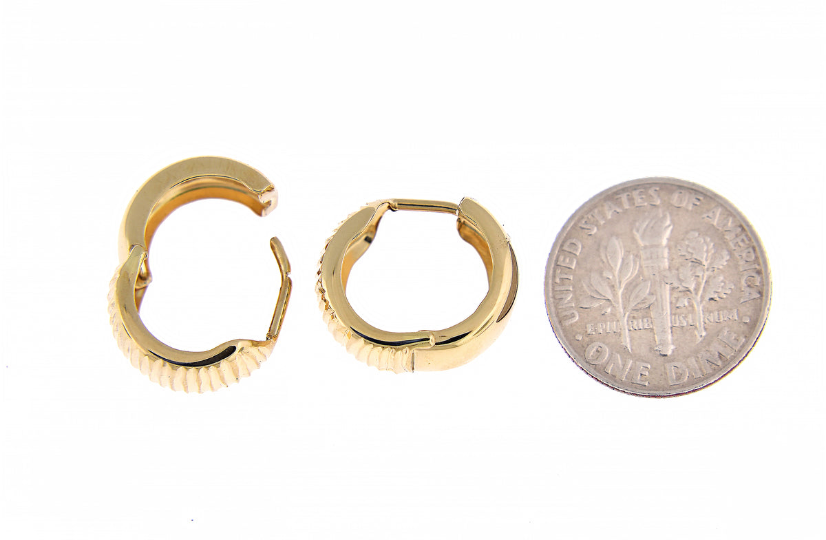 14k yellow gold textured huggie hinged hoop earrings 15mm x 15mm x 7mm
