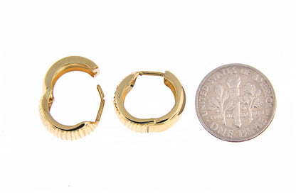 14k yellow gold textured huggie hinged hoop earrings 15mm x 15mm x 7mm