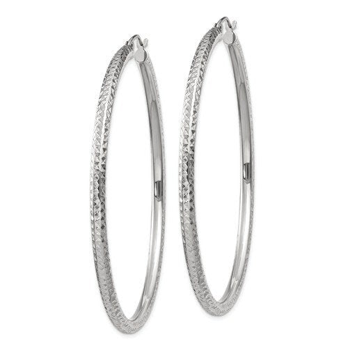 14k white gold 2.36 inch diameter large diamond cut round classic hoop earrings 60mm x 3mm