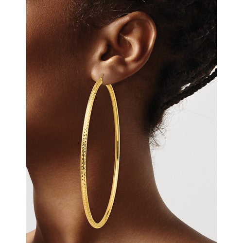 14k yellow gold 3.35 inch diameter extra large giant gigantic diamond cut round classic hoop earrings lightweight 85mm x 3mm