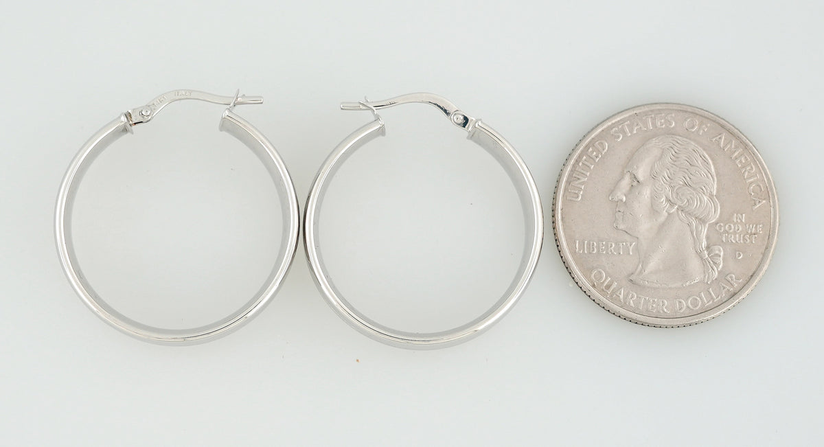 14k white gold round polished satin groove textured hoop earrings 25mm x 6.5mm