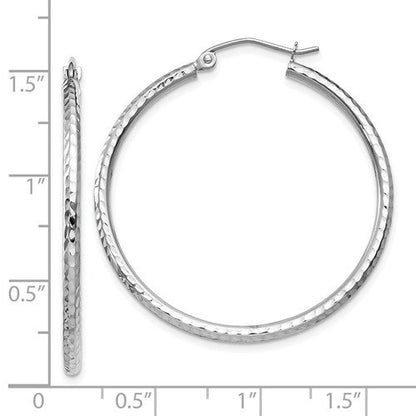 14k white gold diamond cut round hoop earrings 35mm x 2mm