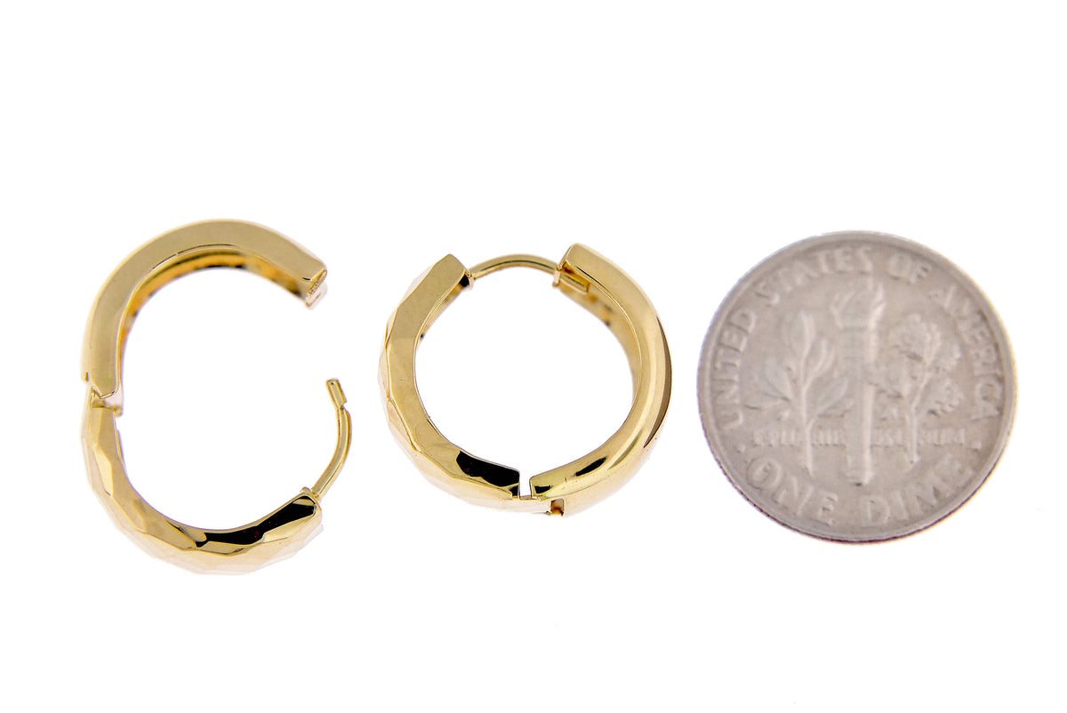 14k yellow gold faceted textured huggie hinged hoop earrings 15mm x 5mm